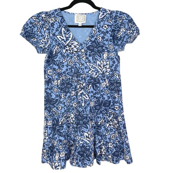 Sail To Sable XS Blue White Floral Print Mini Dress Puff Sleeves Fit and Flare - Picture 1 of 9